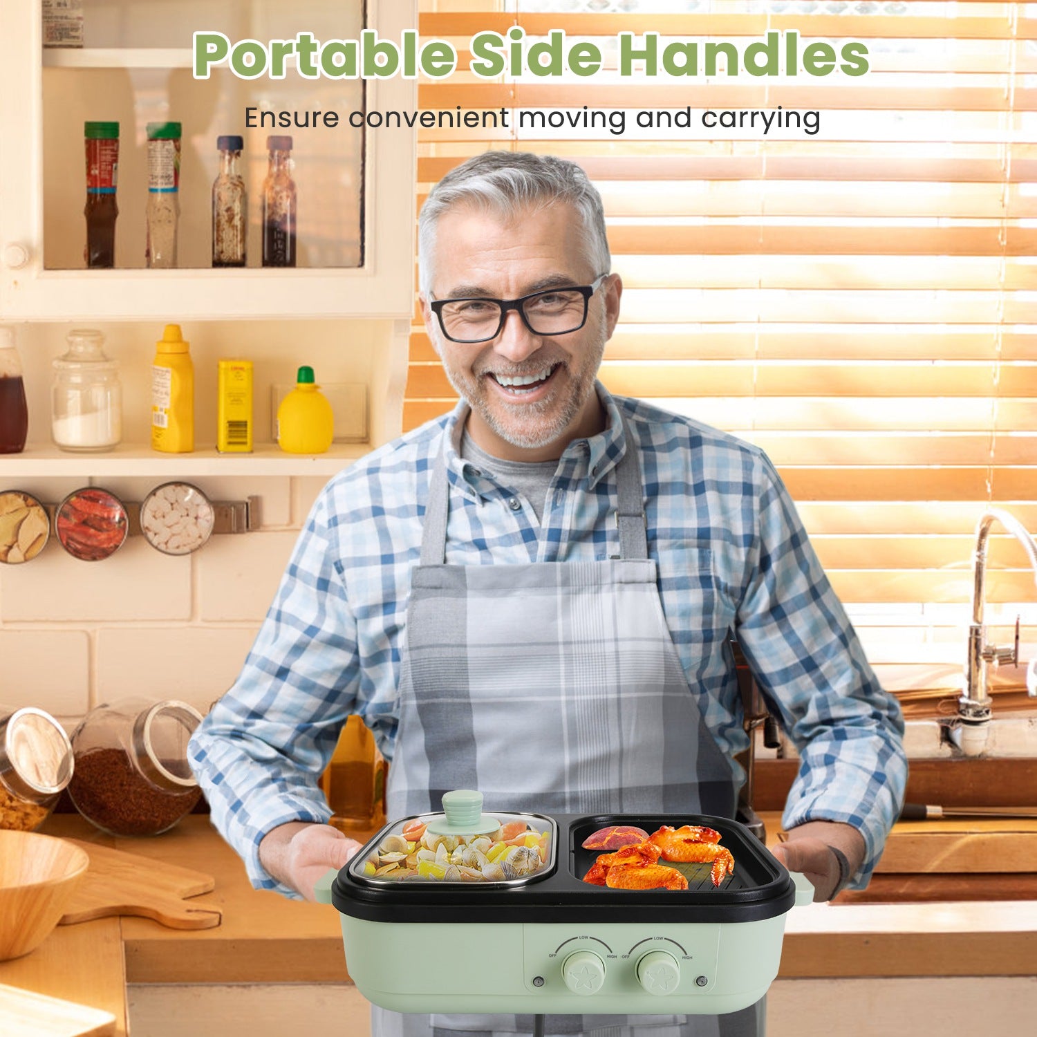 Man holding a portable cooking device with text about portable side handles