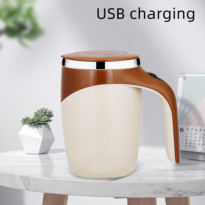 USB charging mug on a table with a plant and magazine in the background