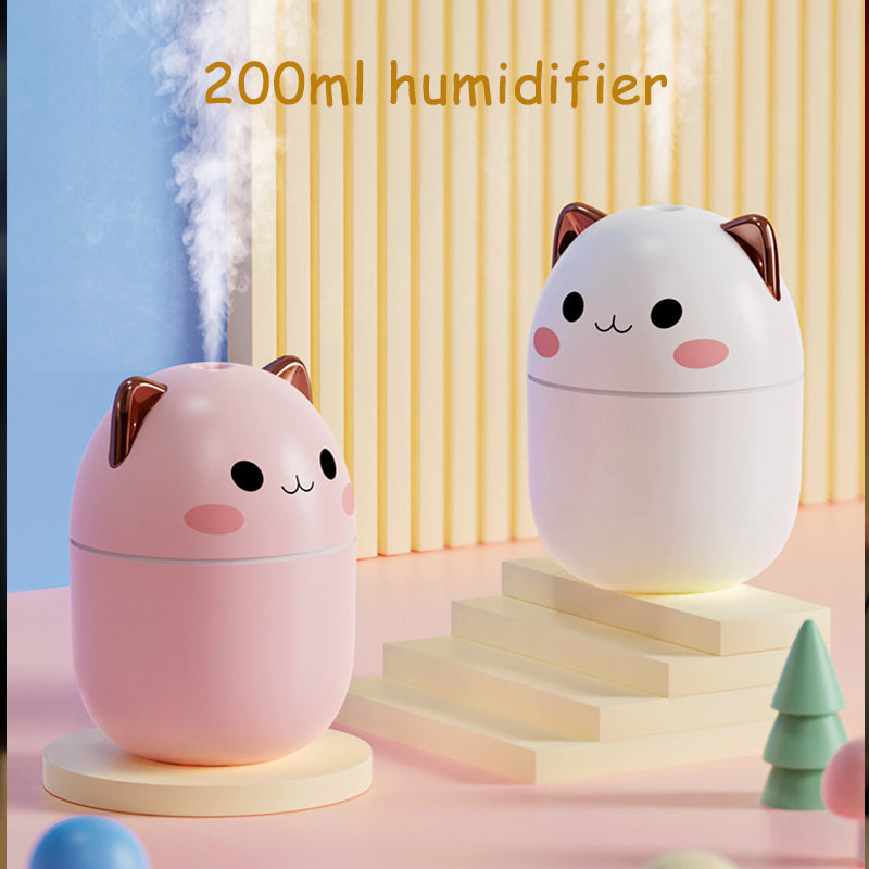 Two cute humidifiers shaped like cats on a colorful background with text '200ml humidifier'.