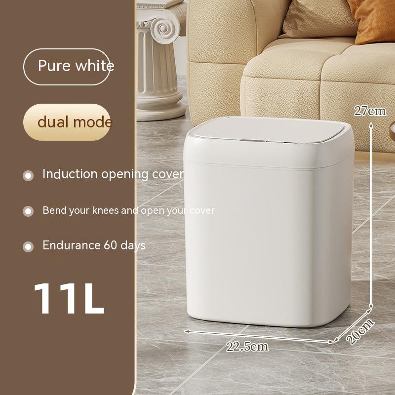 White trash bin with gold accents on a wooden floor next to a beige sofa, with text detailing features and dimensions.