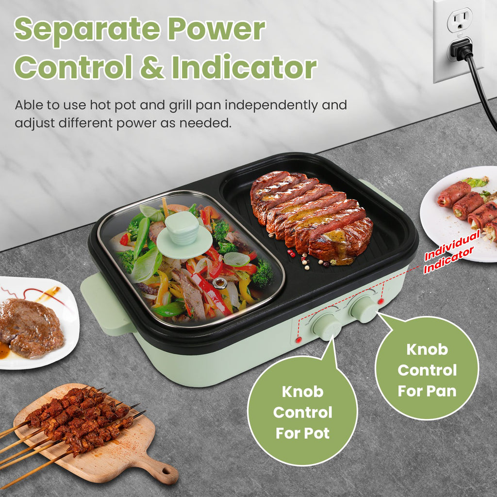 Multifunctional hot pot and grill pan with separate power control on a kitchen counter.