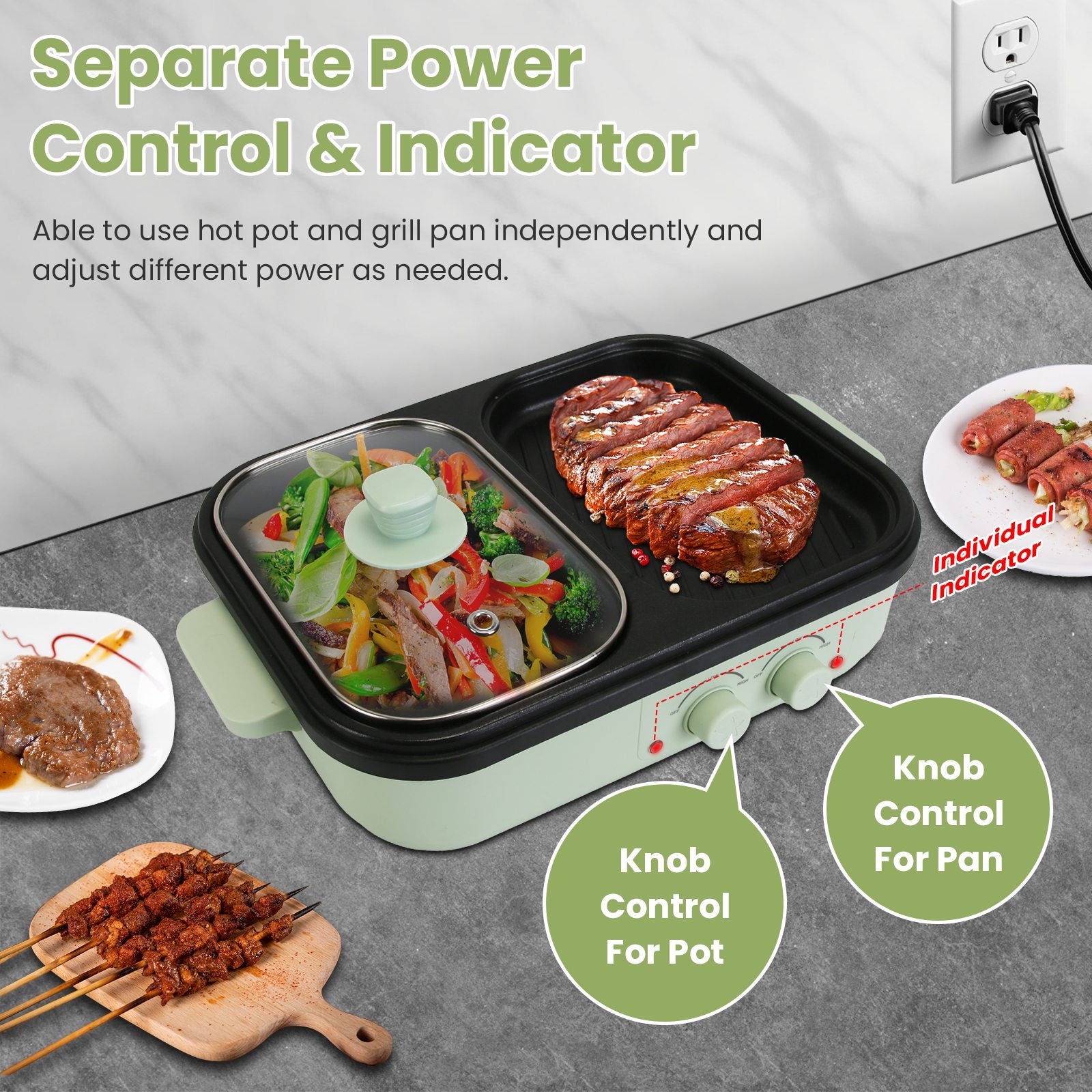 Multifunctional hot pot and grill pan with separate power control on a kitchen counter.