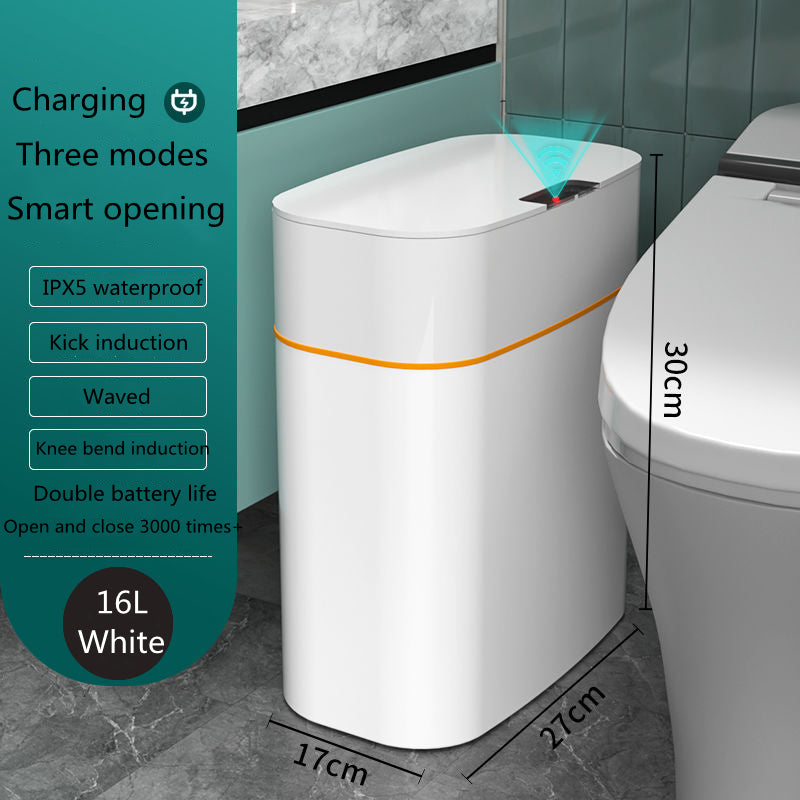 White trash bin with charging, mode, and feature text on a bathroom floor.