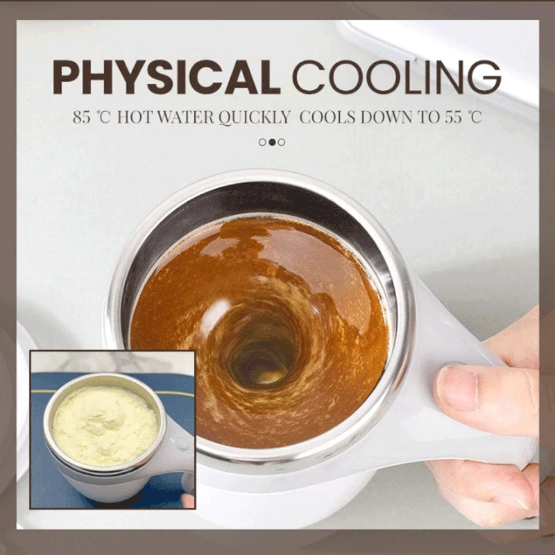 Stainless steel cup with hot liquid being cooled, text about physical cooling.