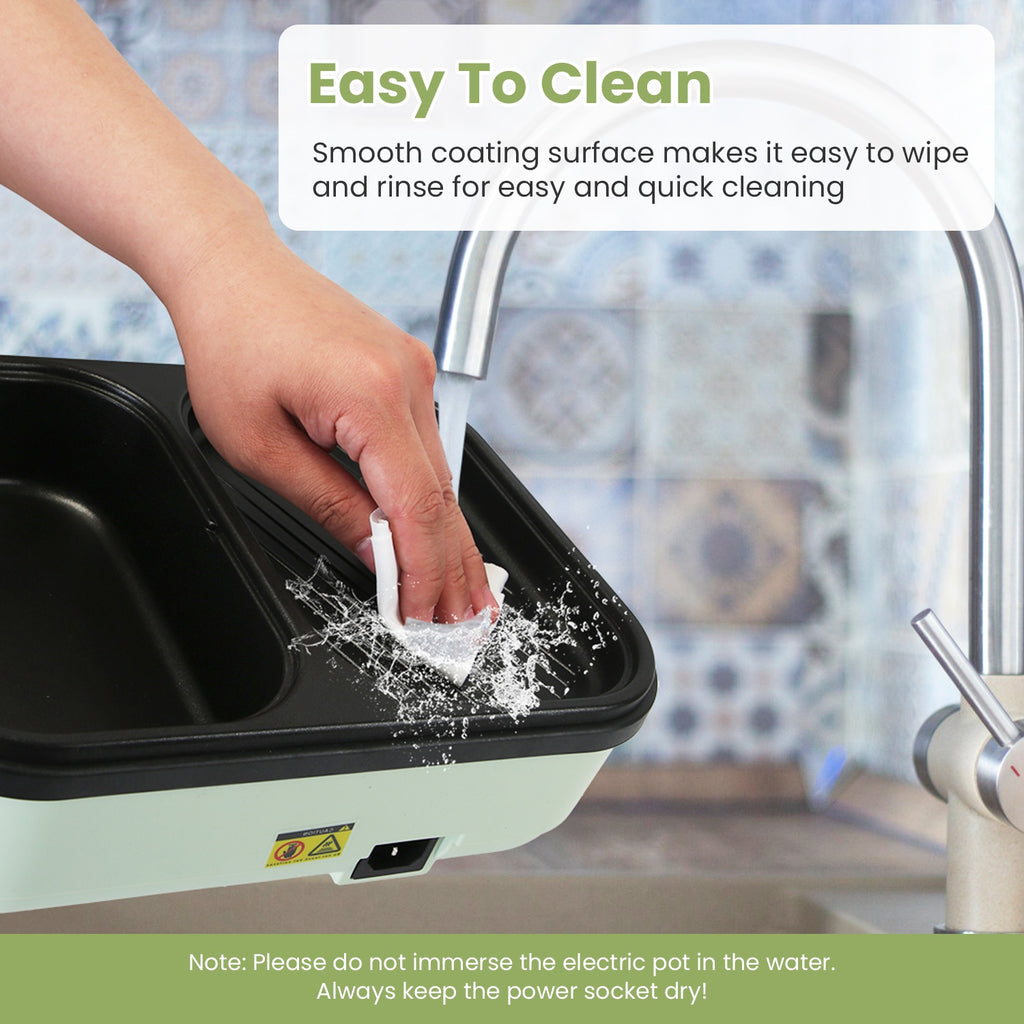 Person washing hands in a black electric pot with water, set against a kitchen background.