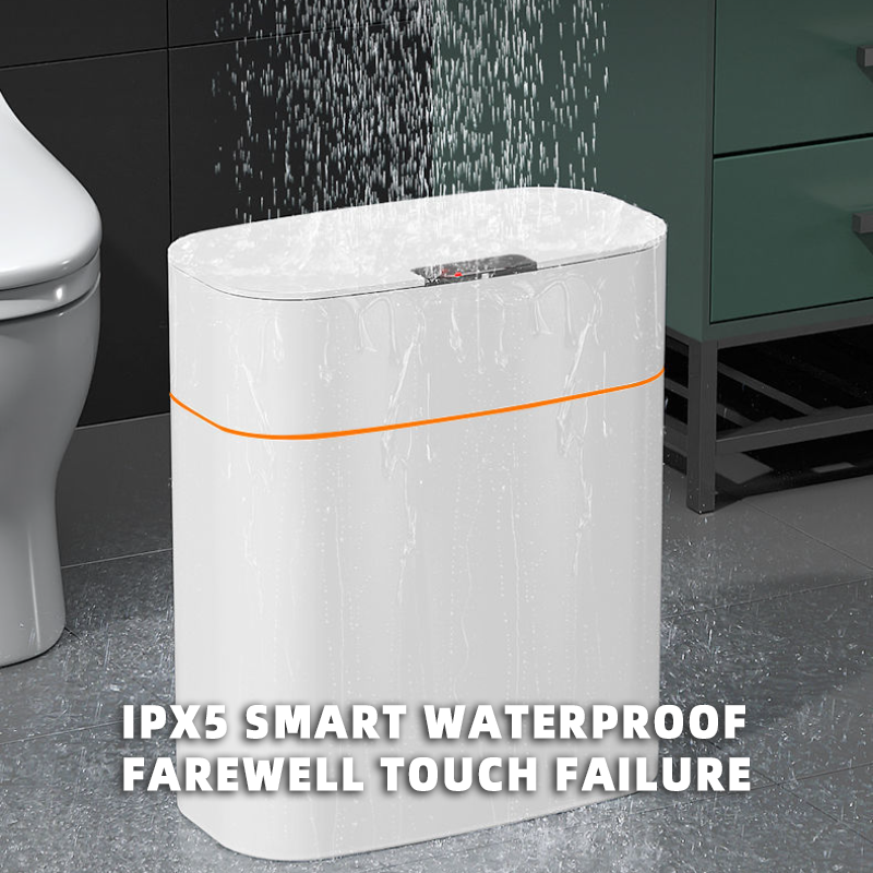 White rectangular device with orange accent in a bathroom setting, featuring text about waterproofing and touch failure.