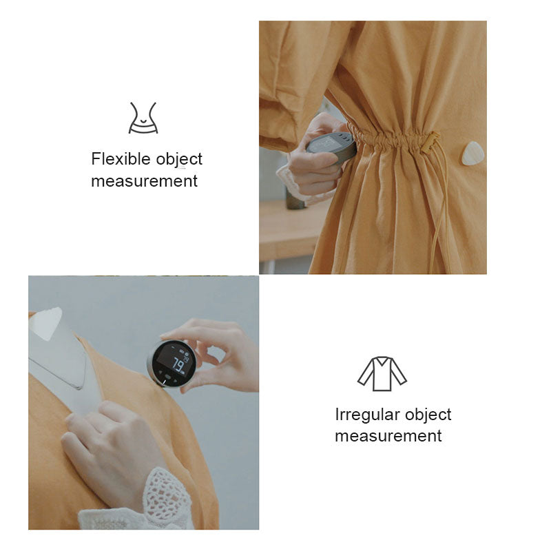 Measurement device being used on a person and a fabric surface with text indicating flexible and irregular object measurement.