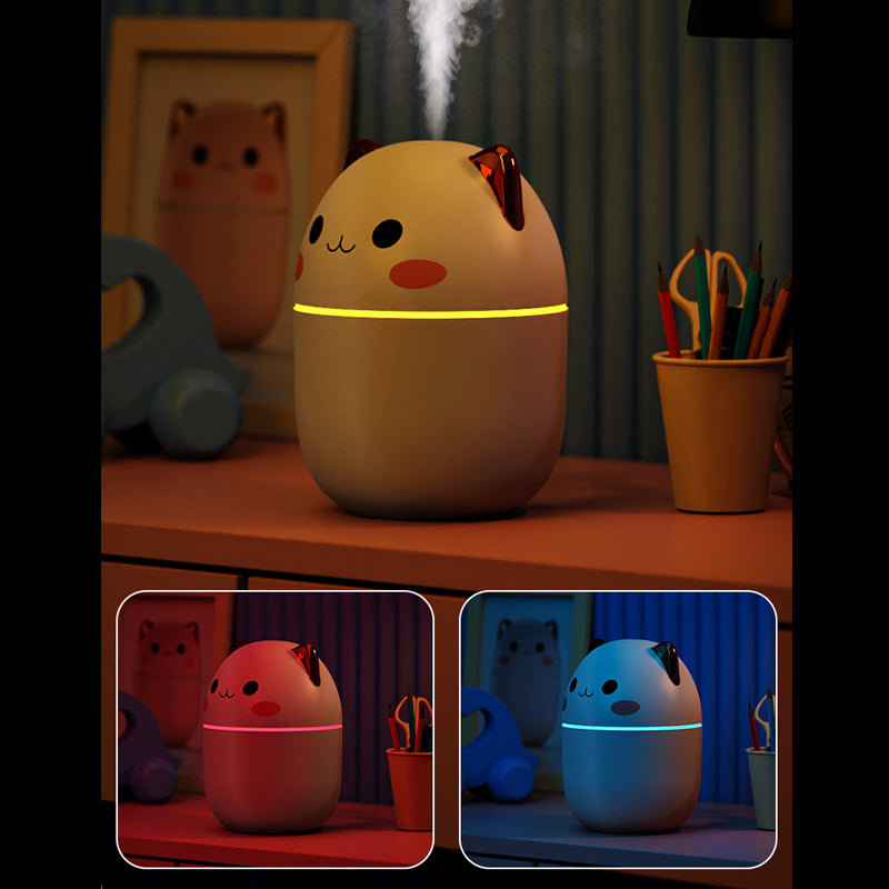 Cute animal-shaped humidifier on a shelf with additional inset images showing different color options.