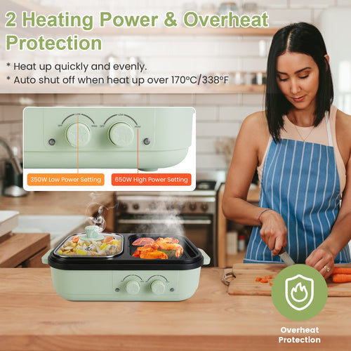 Woman cooking in a kitchen with a green electric cooktop, highlighting heating power and overheat protection features.