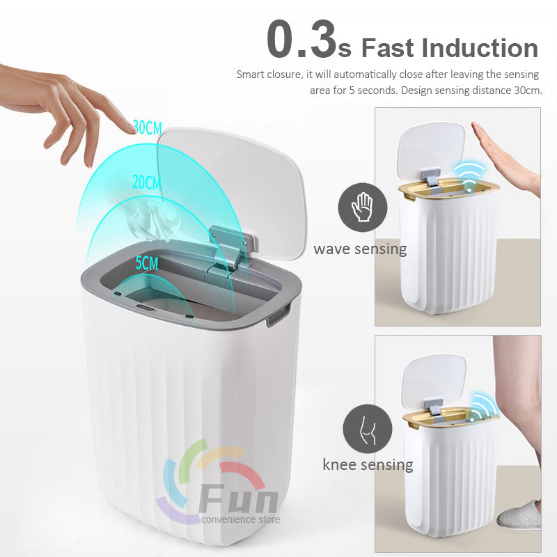 Smart trash can with wave and knee sensing features on a white background