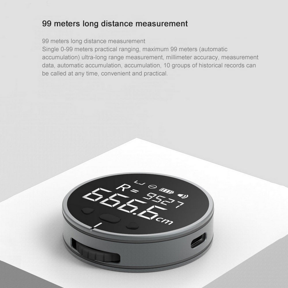 Digital distance measuring device on a white platform with text about measurement capabilities.