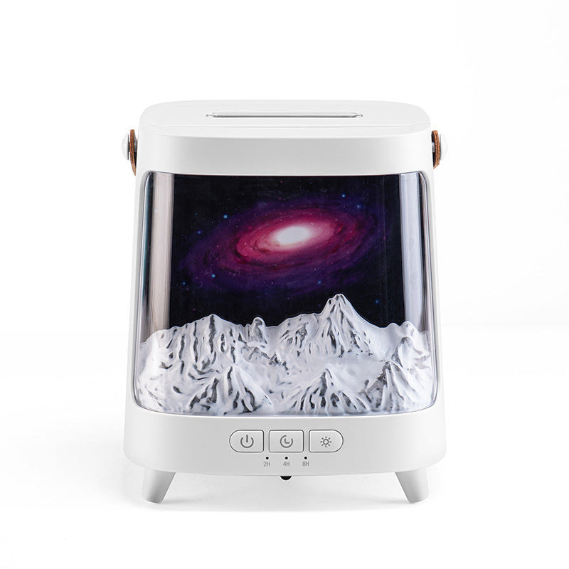 White electronic device with a screen displaying a galaxy and mountain landscape on a white background