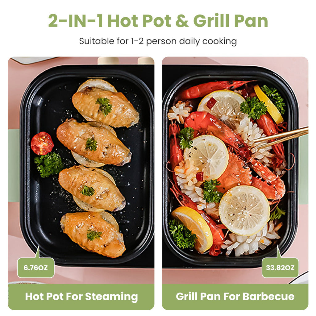2-in-1 hot pot and grill pan with steamed chicken and barbecue ingredients on a white background