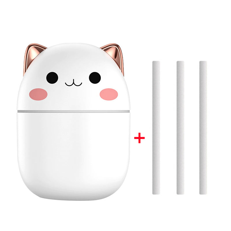 Cute white cat-shaped device with rose gold accents on a white background