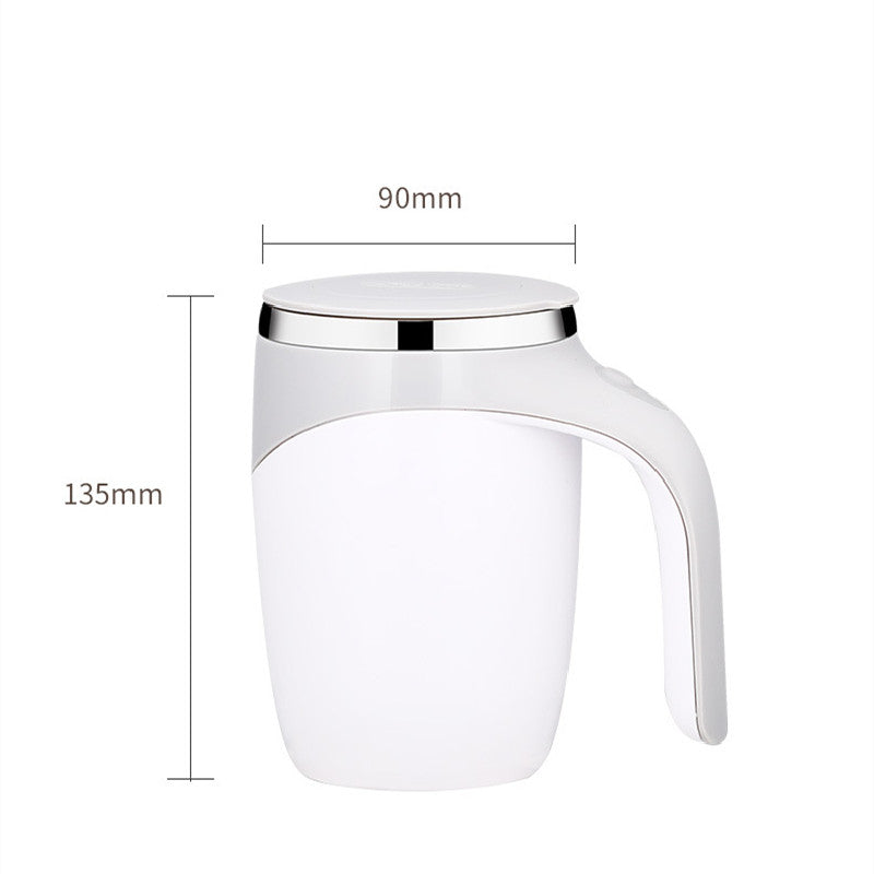 White mug with a silver lid and handle, showing dimensions on a white background