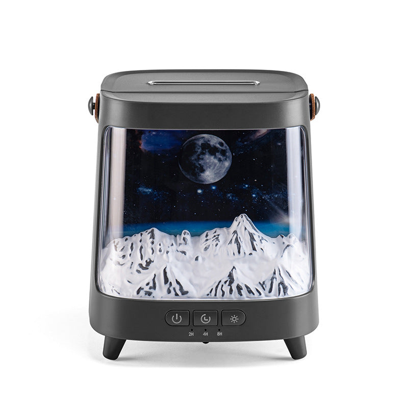 Black night light with mountain and moon design on a white background