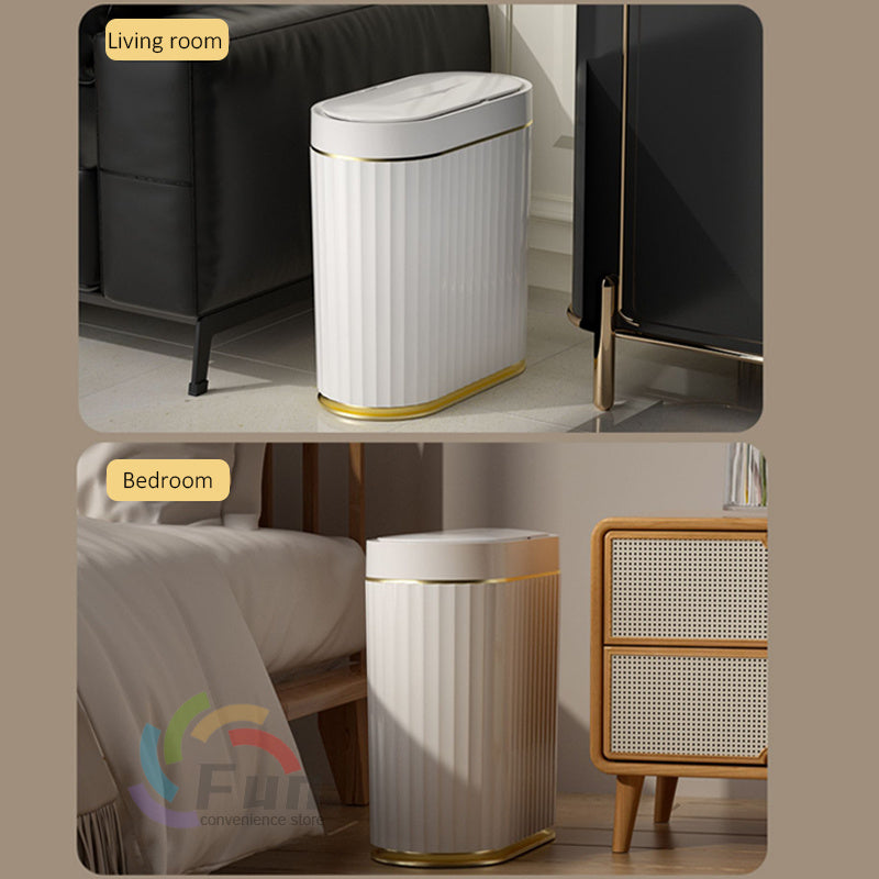 White trash bin with gold accents in a living room and bedroom setting.