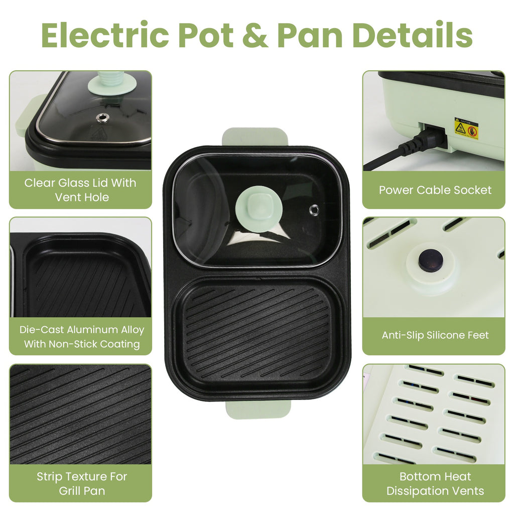 Electric pot and pan with features highlighted on a green background