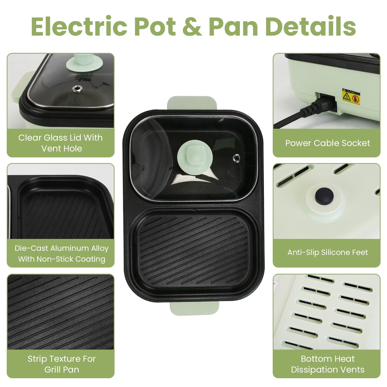 Electric pot and pan with features highlighted on a green background